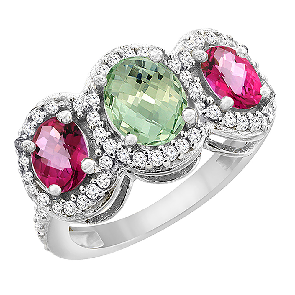 10K White Gold Natural Green Amethyst &amp; Pink Topaz 3-Stone Ring Oval Diamond Accent, sizes 5 - 10