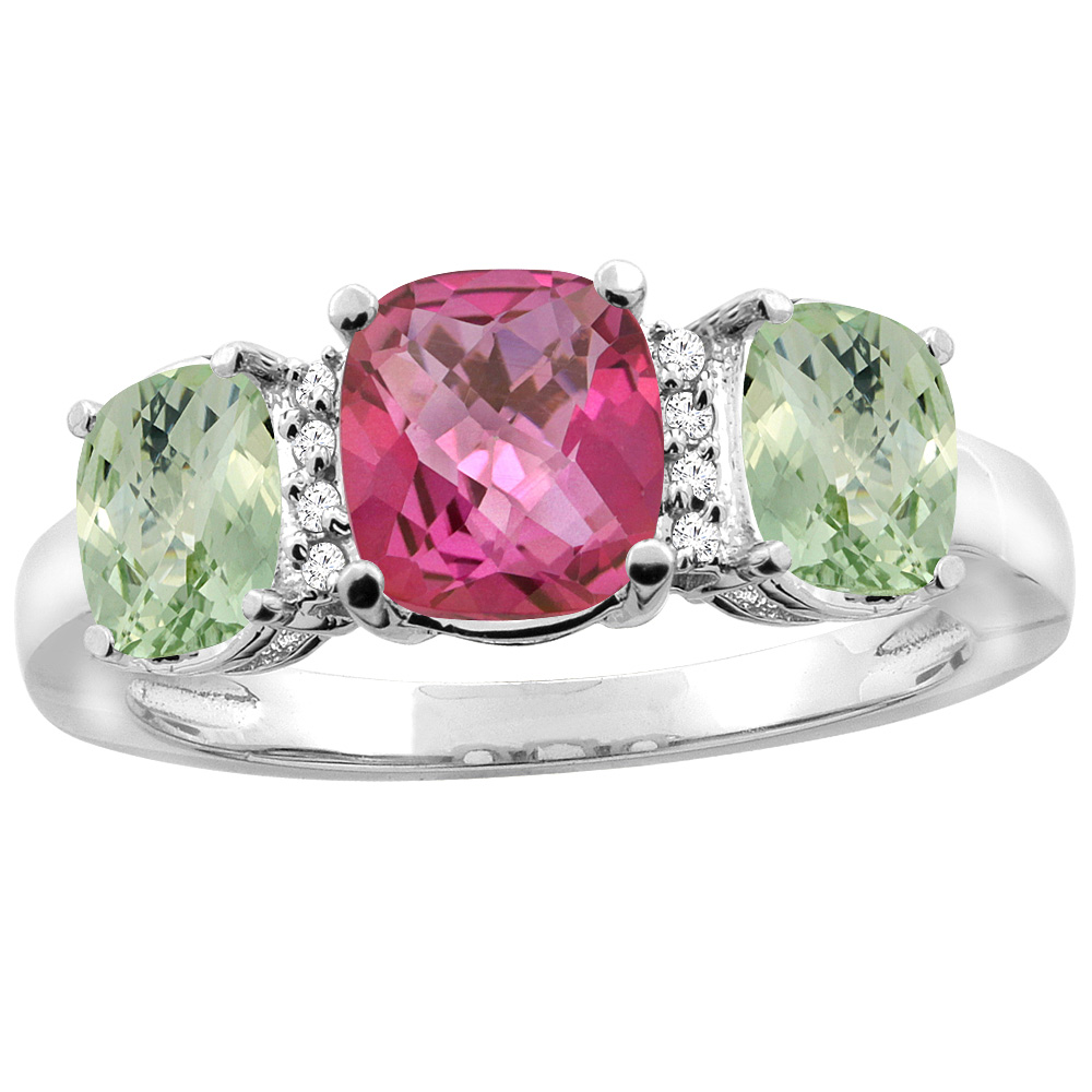 14K Yellow Gold Natural Pink Topaz &amp; Green Amethyst 3-stone Ring Cushion 8x6mm Diamond Accent, sizes 5 - 10