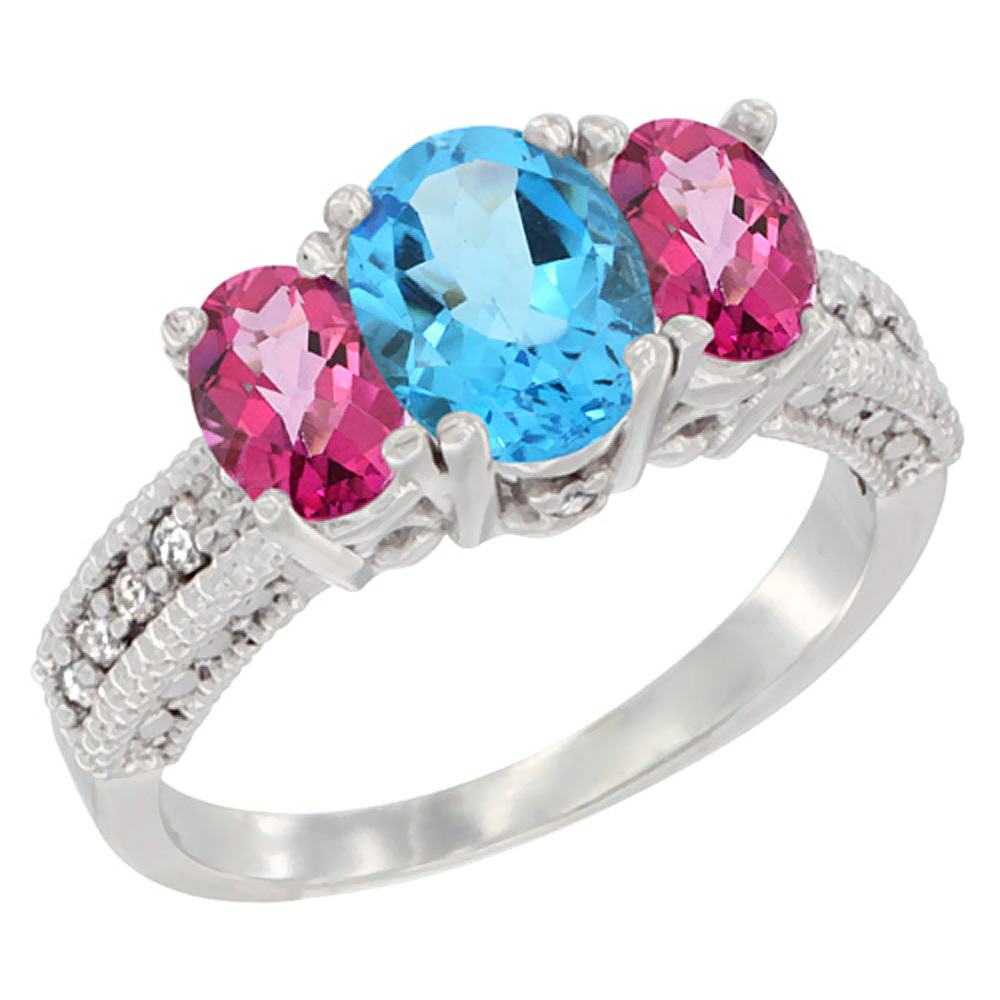 14K White Gold Diamond Natural Swiss Blue Topaz Ring Oval 3-stone with Pink Topaz, sizes 5 - 10