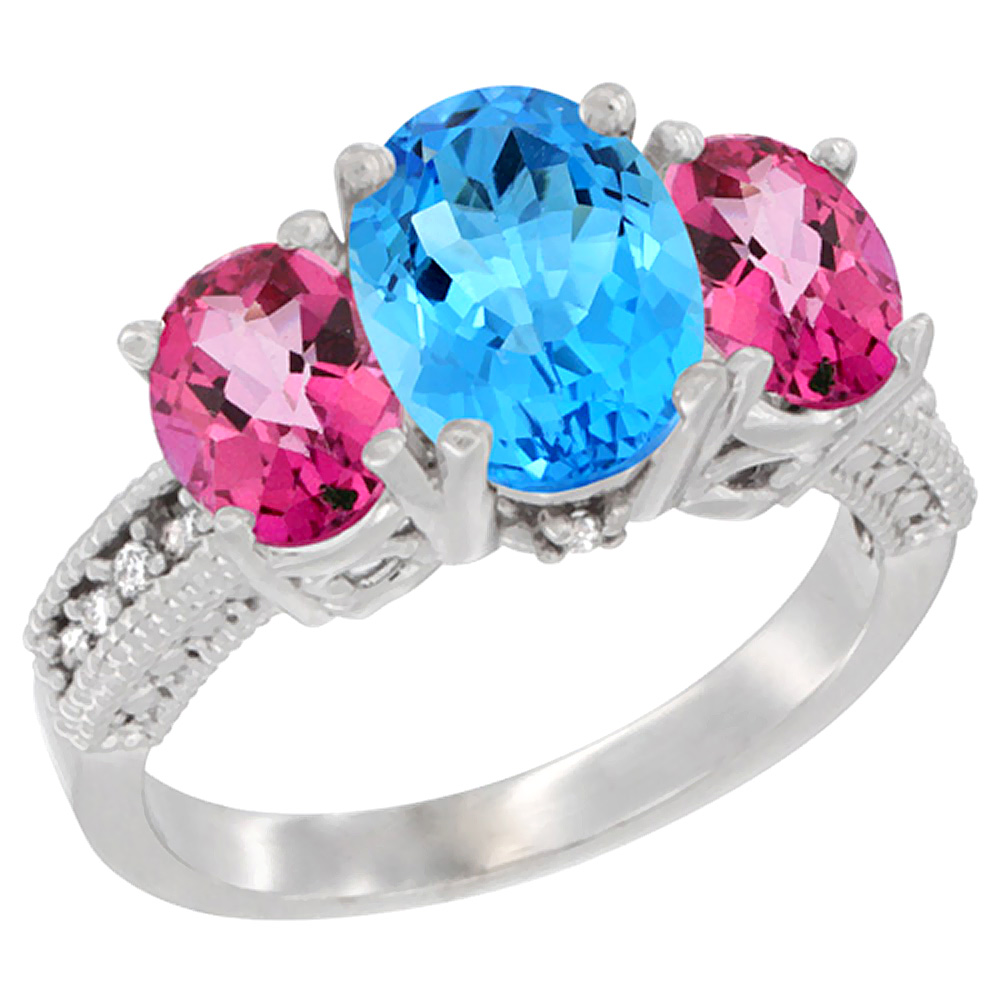 10K White Gold Diamond Natural Swiss Blue Topaz Ring 3-Stone Oval 8x6mm with Pink Topaz, sizes5-10