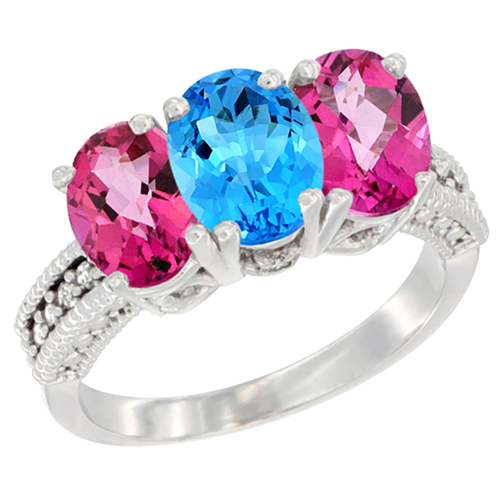 14K White Gold Natural Swiss Blue Topaz &amp; Pink Topaz Sides Ring 3-Stone 7x5 mm Oval Diamond Accent, sizes 5 - 10