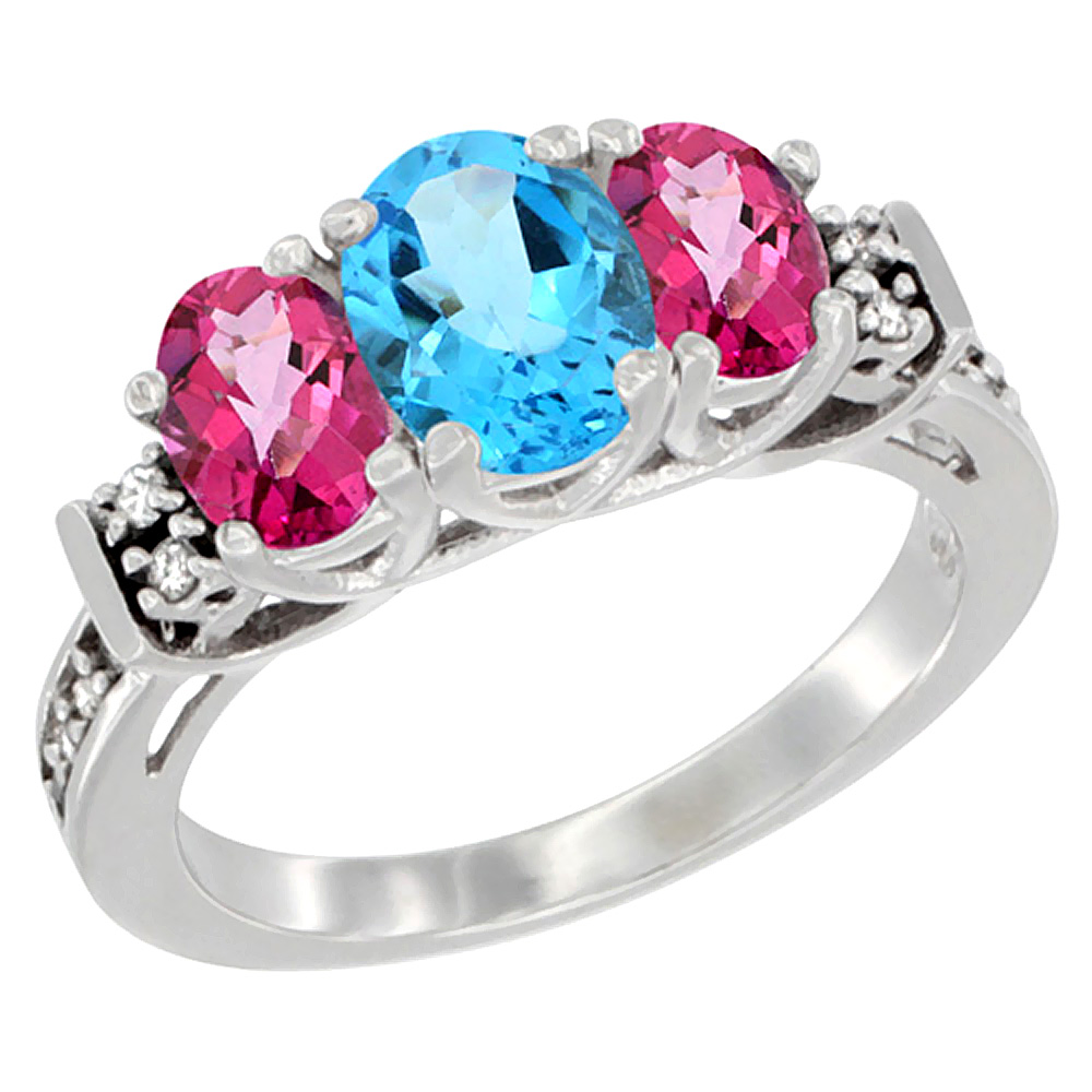 10K White Gold Natural Swiss Blue Topaz & Pink Topaz Ring 3-Stone Oval Diamond Accent, sizes 5-10