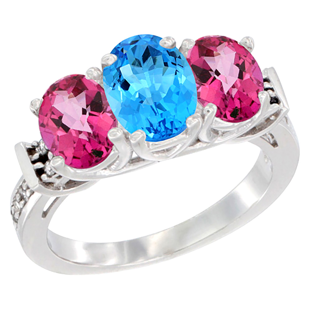 14K White Gold Natural Swiss Blue Topaz & Pink Topaz Sides Ring 3-Stone Oval Diamond Accent, sizes 5 - 10