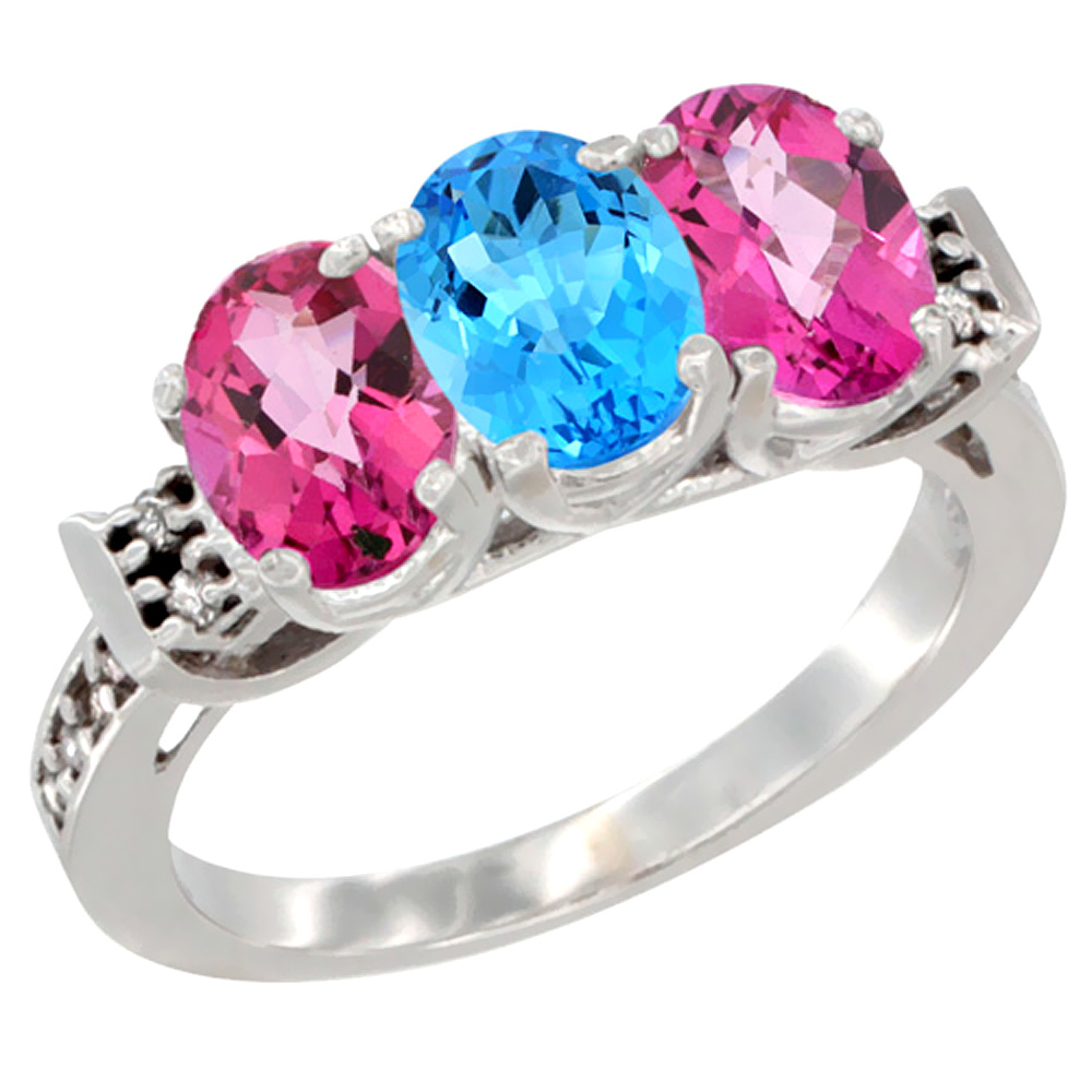 10K White Gold Natural Swiss Blue Topaz &amp; Pink Topaz Sides Ring 3-Stone Oval 7x5 mm Diamond Accent, sizes 5 - 10