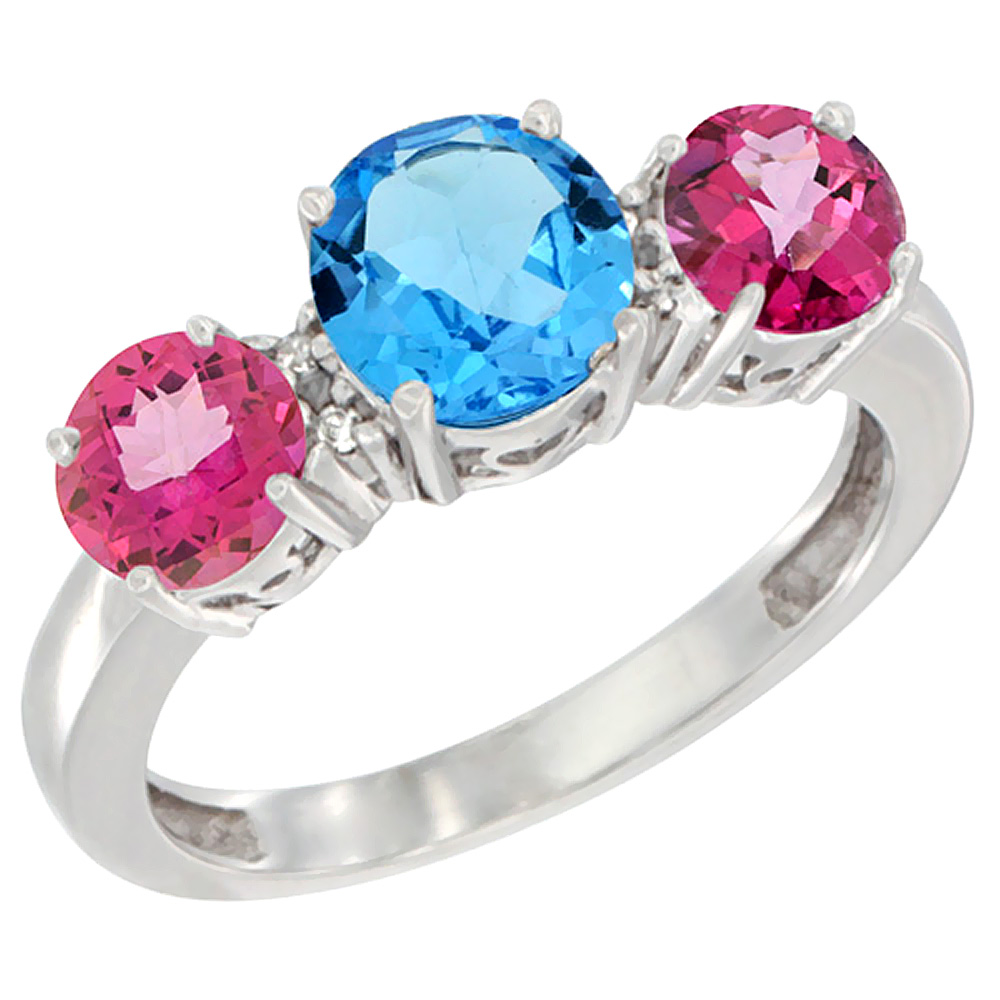 14K White Gold Round 3-Stone Natural Swiss Blue Topaz Ring &amp; Pink Topaz Sides Diamond Accent, sizes 5 - 10