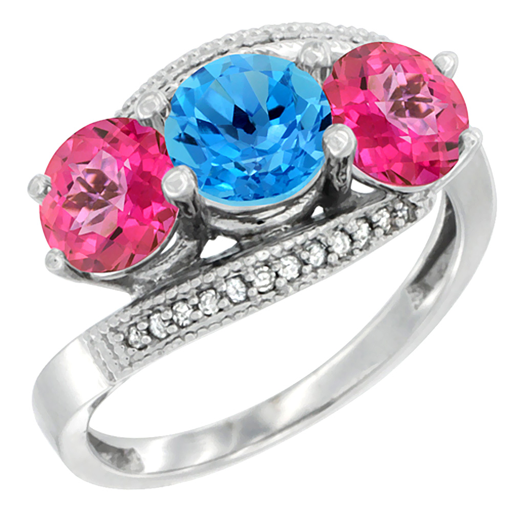 10K White Gold Natural Swiss Blue Topaz & Pink Topaz Sides 3 stone Ring Round 6mm Diamond Accent, sizes 5 - 10
