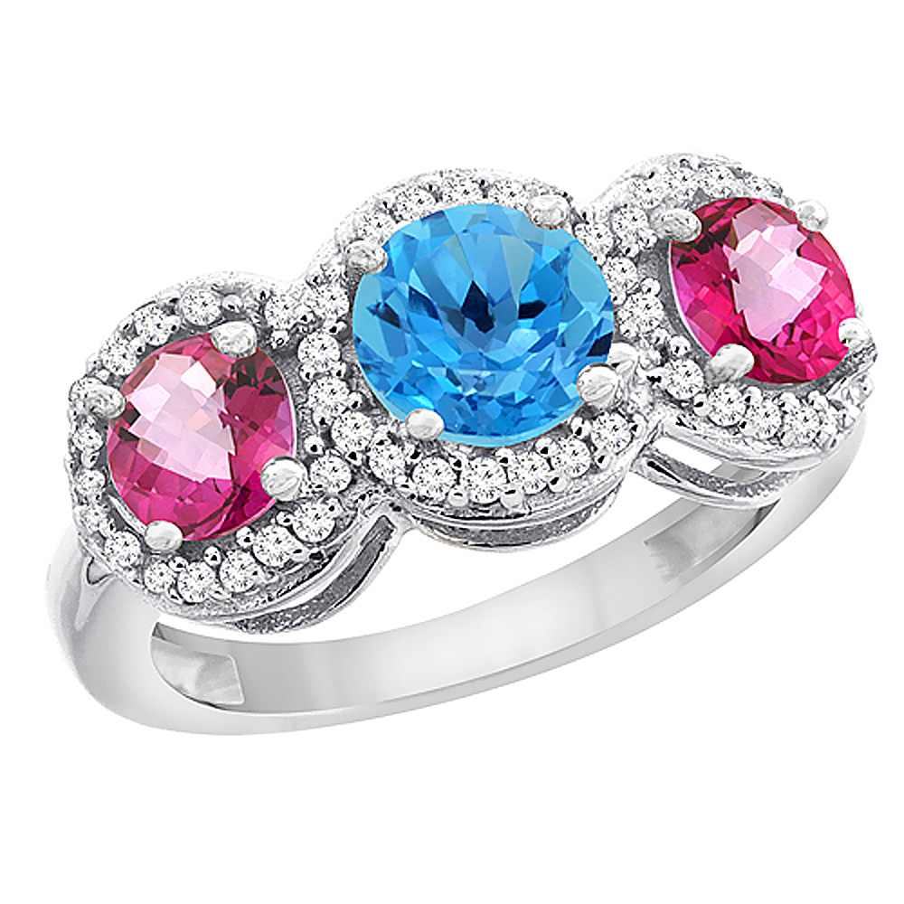 14K White Gold Natural Swiss Blue Topaz & Pink Topaz Sides Round 3-stone Ring Diamond Accents, sizes 5 - 10