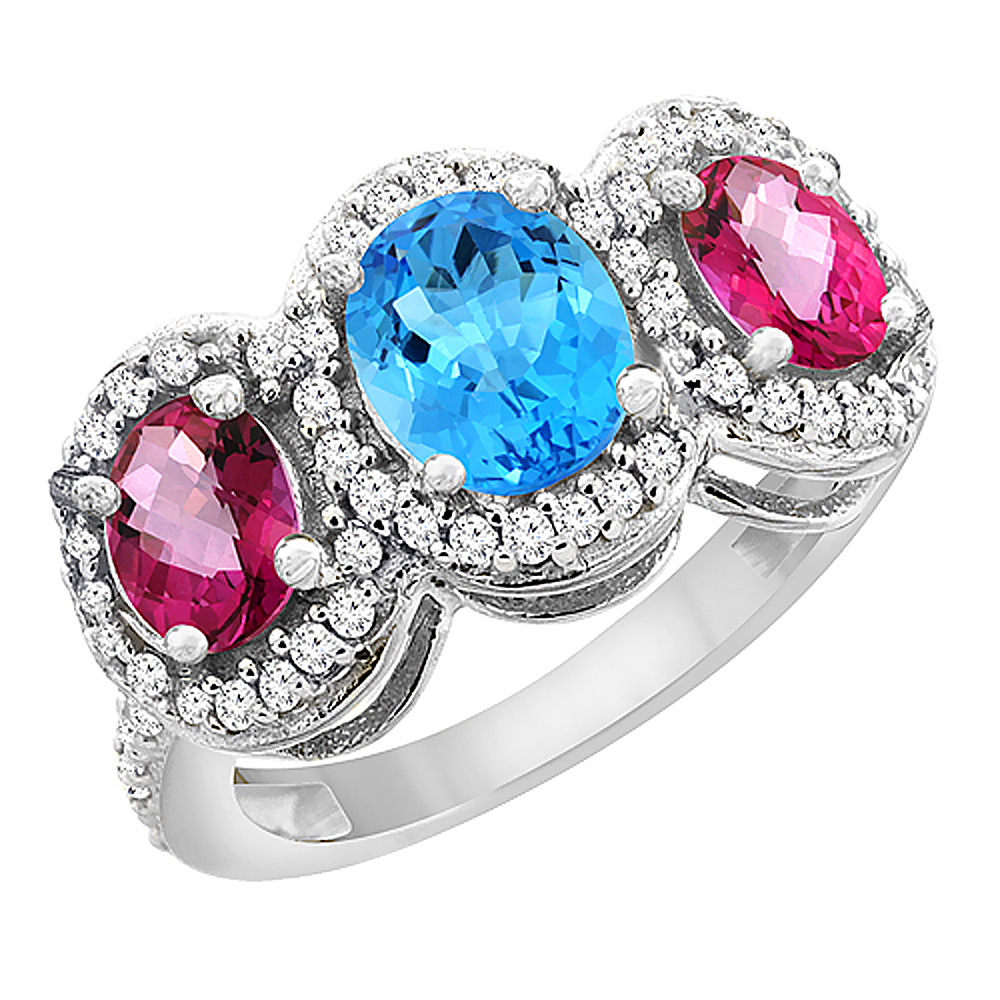 14K White Gold Natural Swiss Blue Topaz &amp; Pink Topaz 3-Stone Ring Oval Diamond Accent, sizes 5 - 10