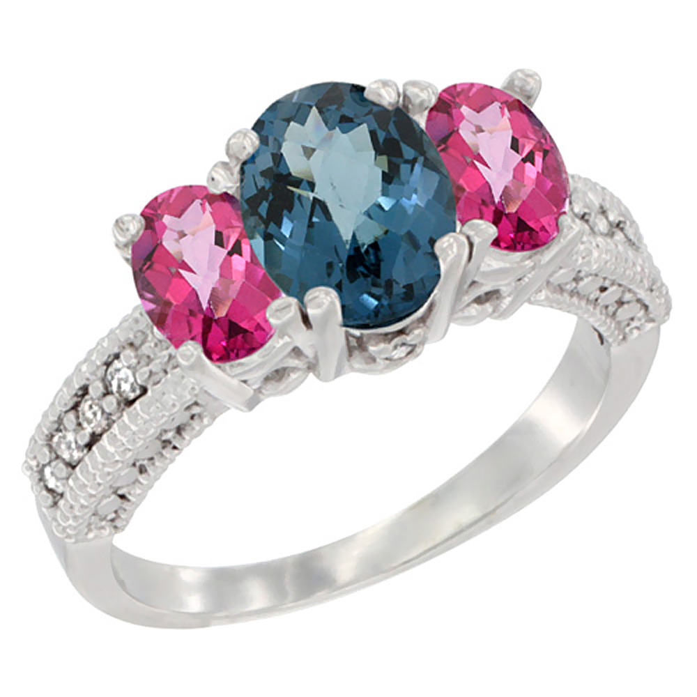 14K White Gold Diamond Natural London Blue Topaz Ring Oval 3-stone with Pink Topaz, sizes 5 - 10