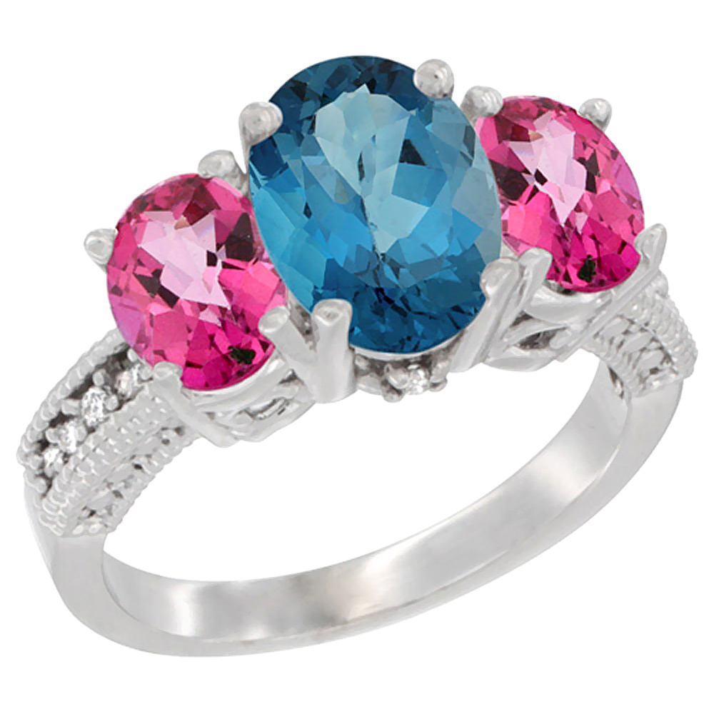 14K White Gold Diamond Natural London Blue Topaz Ring 3-Stone Oval 8x6mm with Pink Topaz, sizes5-10