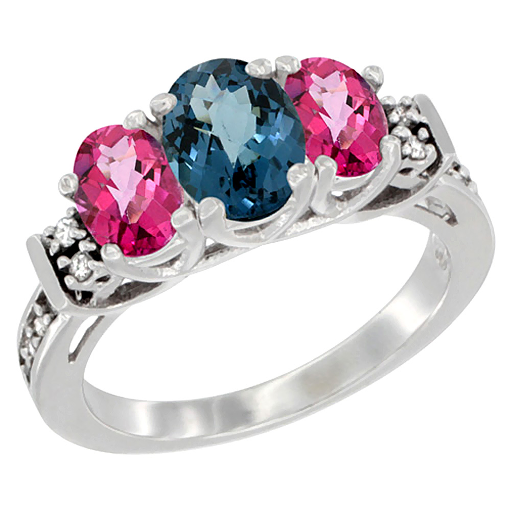 10K White Gold Natural London Blue Topaz & Pink Topaz Ring 3-Stone Oval Diamond Accent, sizes 5-10