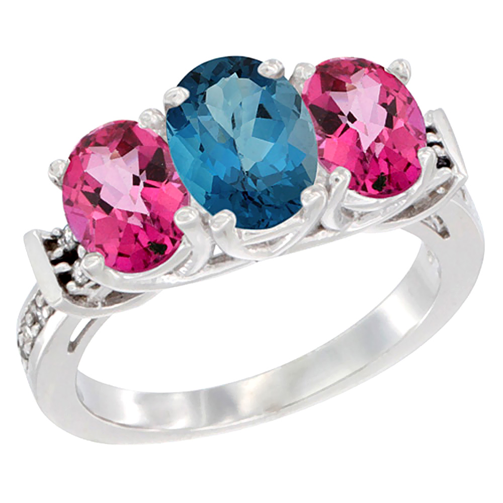 14K White Gold Natural London Blue Topaz & Pink Topaz Sides Ring 3-Stone Oval Diamond Accent, sizes 5 - 10