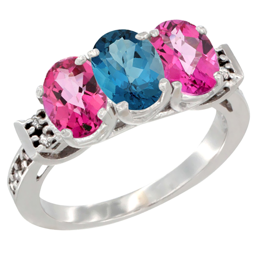 14K White Gold Natural London Blue Topaz &amp; Pink Topaz Sides Ring 3-Stone 7x5 mm Oval Diamond Accent, sizes 5 - 10