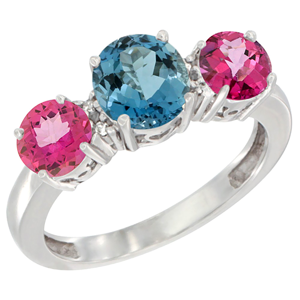 10K White Gold Round 3-Stone Natural London Blue Topaz Ring &amp; Pink Topaz Sides Diamond Accent, sizes 5 - 10
