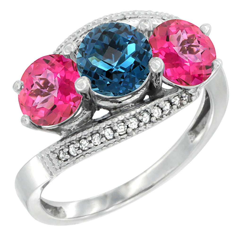 10K White Gold Natural London Blue Topaz & Pink Topaz Sides 3 stone Ring Round 6mm Diamond Accent, sizes 5 - 10