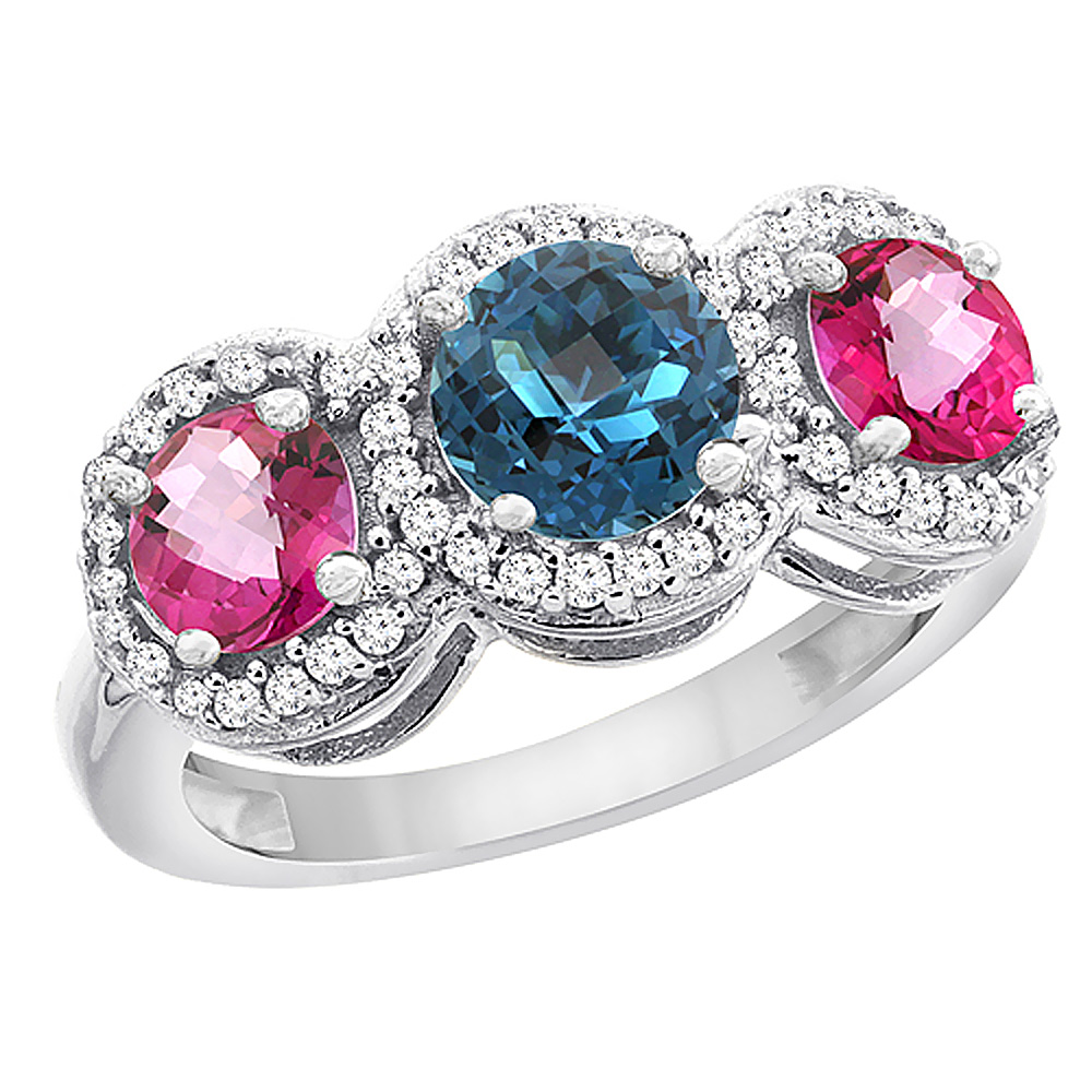 14K White Gold Natural London Blue Topaz & Pink Topaz Sides Round 3-stone Ring Diamond Accents, sizes 5 - 10