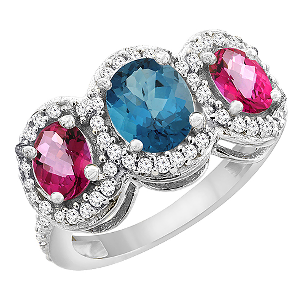 14K White Gold Natural London Blue Topaz & Pink Topaz 3-Stone Ring Oval Diamond Accent, sizes 5 - 10