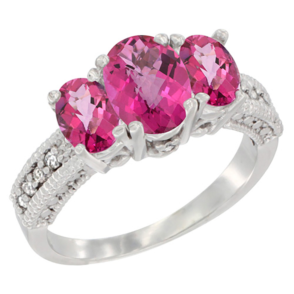 14K White Gold Diamond Natural Pink Topaz Ring Oval 3-stone, sizes 5 - 10
