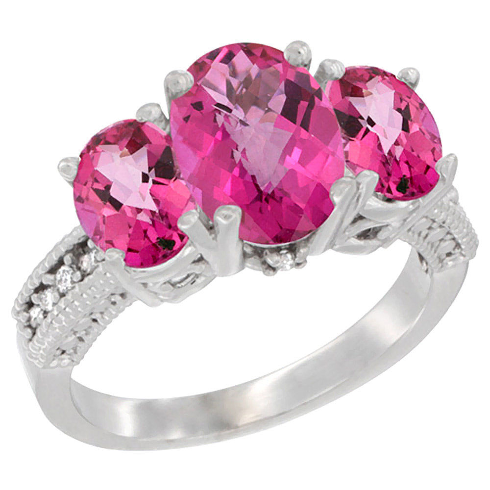14K White Gold Diamond Natural Pink Topaz Ring 3-Stone Oval 8x6mm, sizes5-10