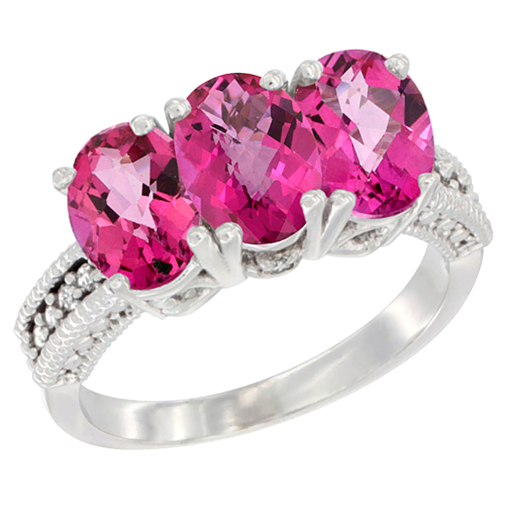 14K White Gold Natural Pink Topaz Ring 3-Stone 7x5 mm Oval Diamond Accent, sizes 5 - 10
