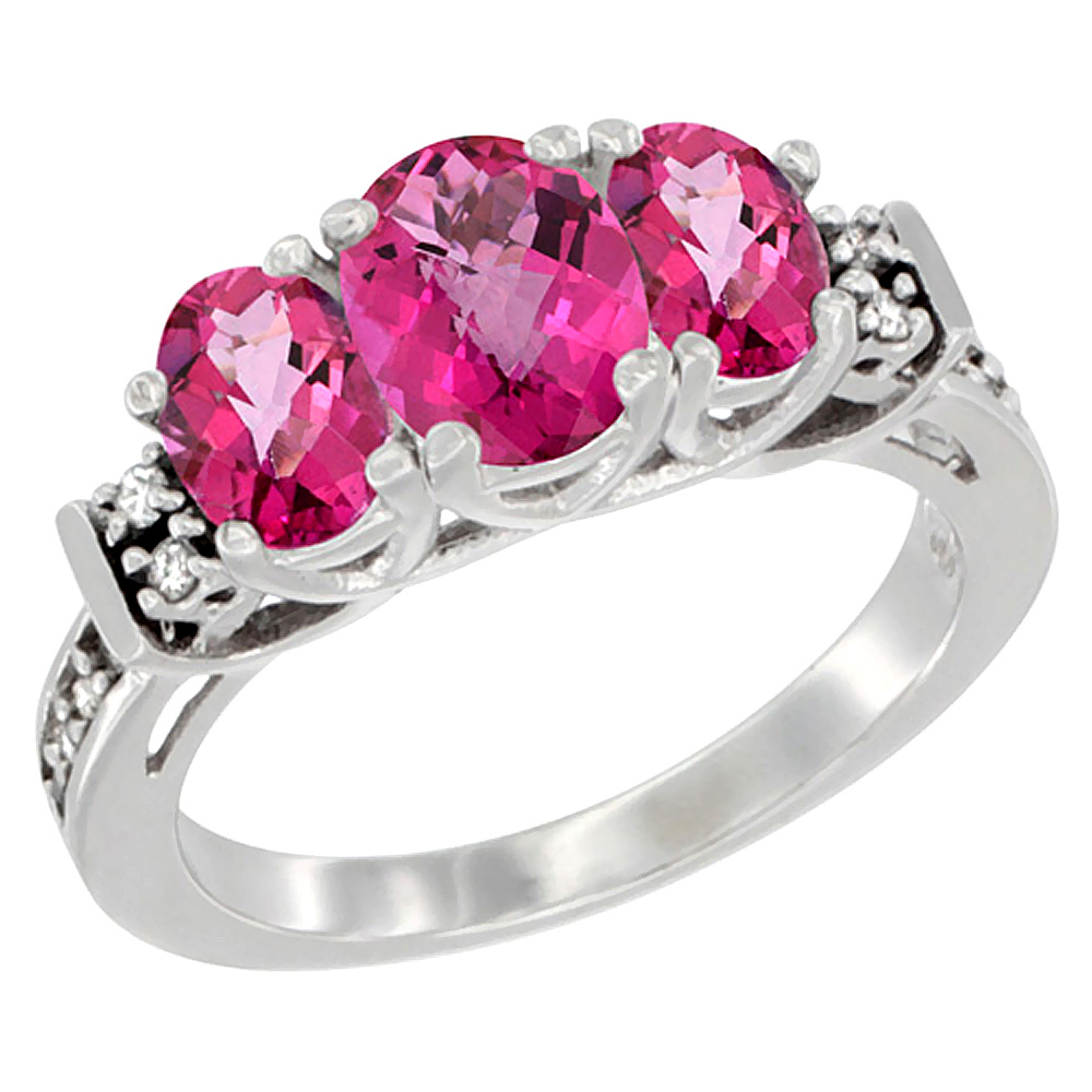 14K White Gold Natural Pink Topaz Ring 3-Stone Oval Diamond Accent, sizes 5-10