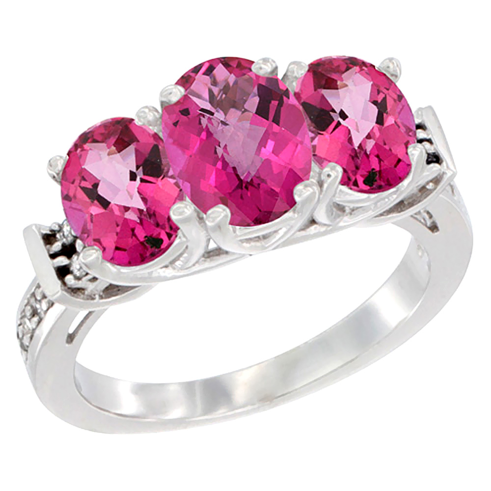 10K White Gold Natural Pink Topaz Ring 3-Stone Oval Diamond Accent, sizes 5 - 10