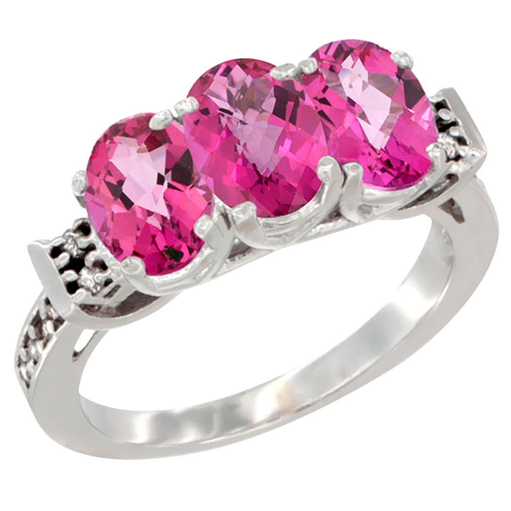 10K White Gold Natural Pink Topaz Ring 3-Stone Oval 7x5 mm Diamond Accent, sizes 5 - 10