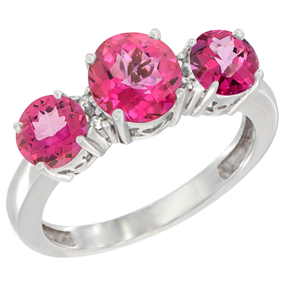 10K White Gold Round 3-Stone Natural Pink Topaz Ring Diamond Accent, sizes 5 - 10