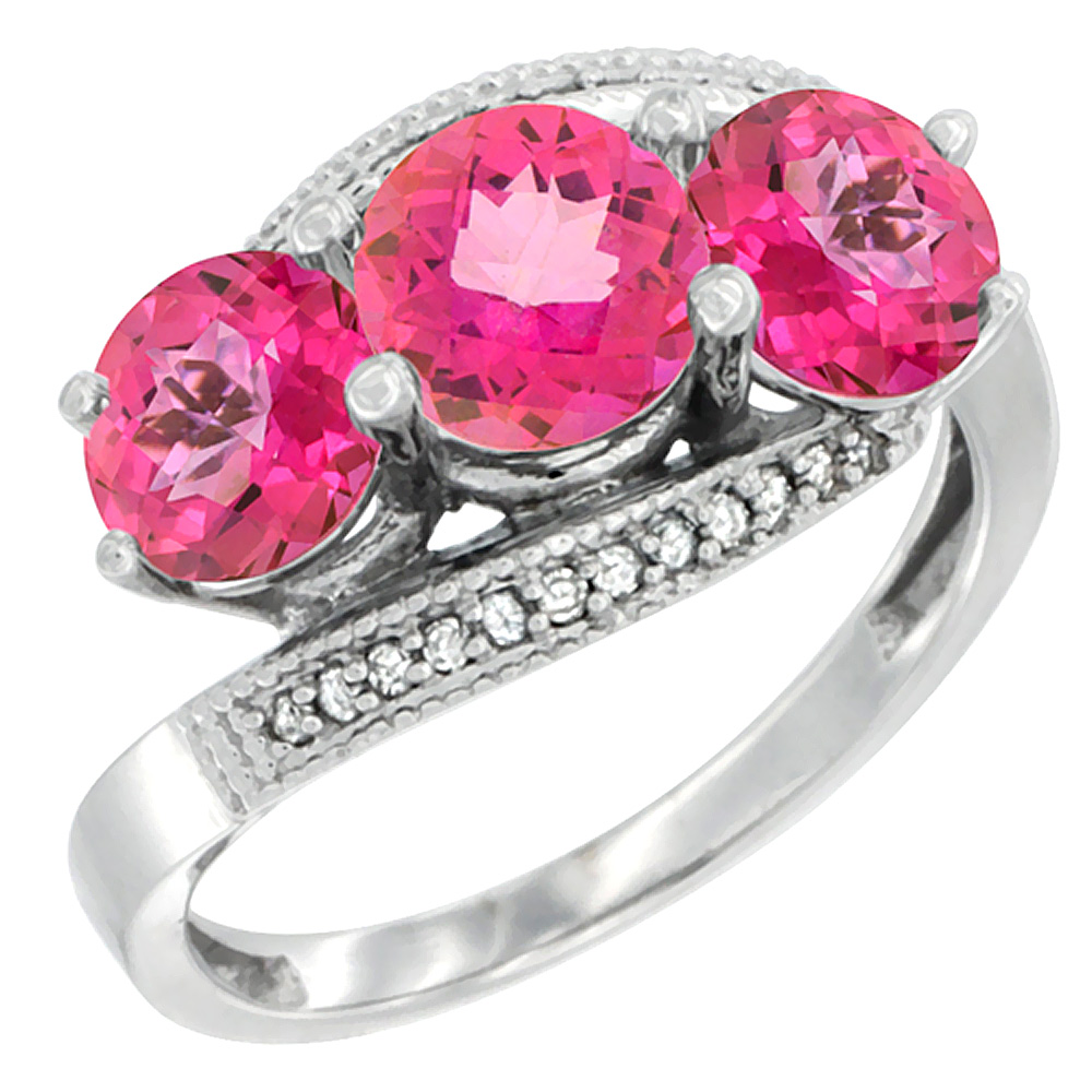 14K White Gold Natural Pink Topaz 3 stone Ring Round 6mm Diamond Accent, sizes 5 - 10