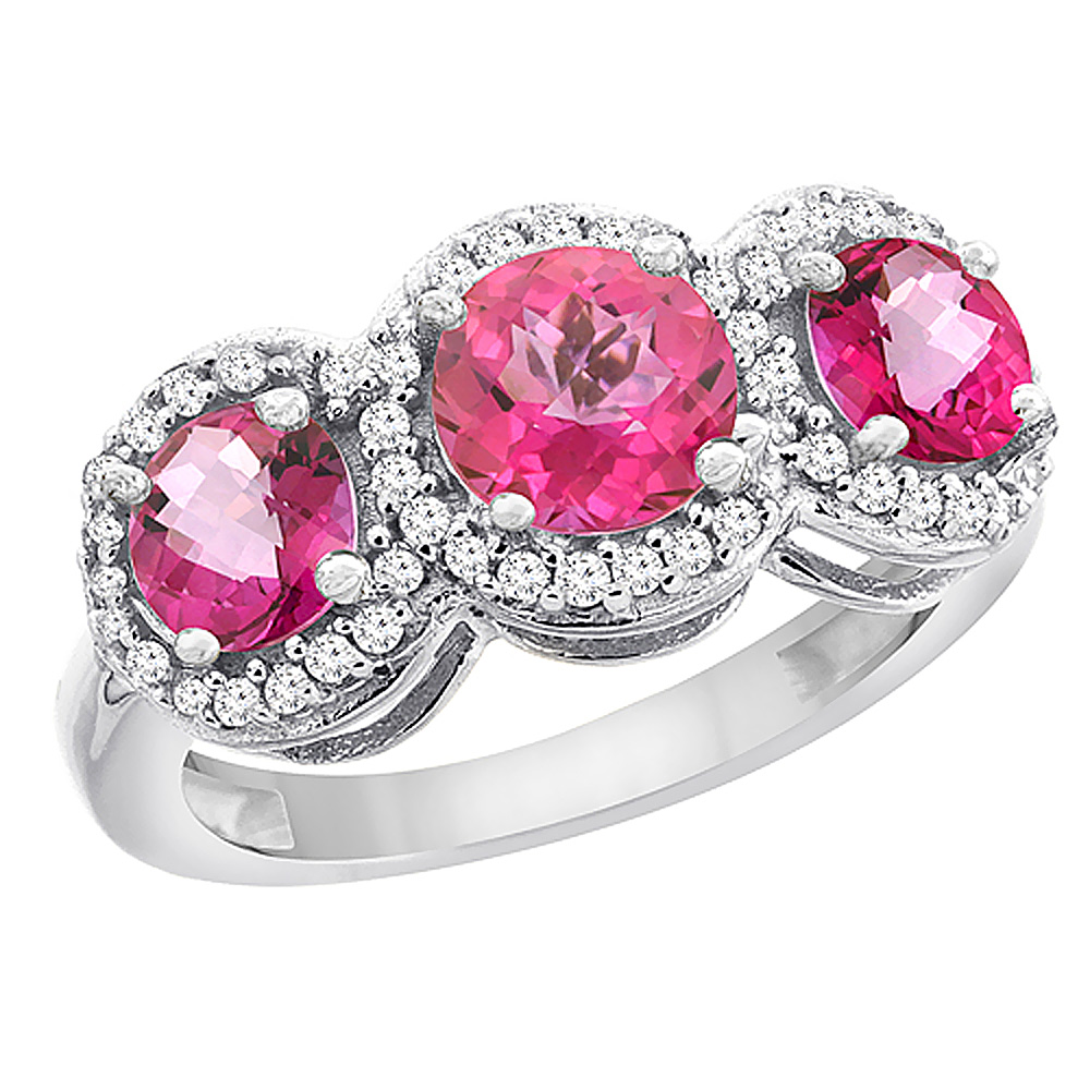 10K White Gold Natural Pink Topaz Round 3-stone Ring Diamond Accents, sizes 5 - 10