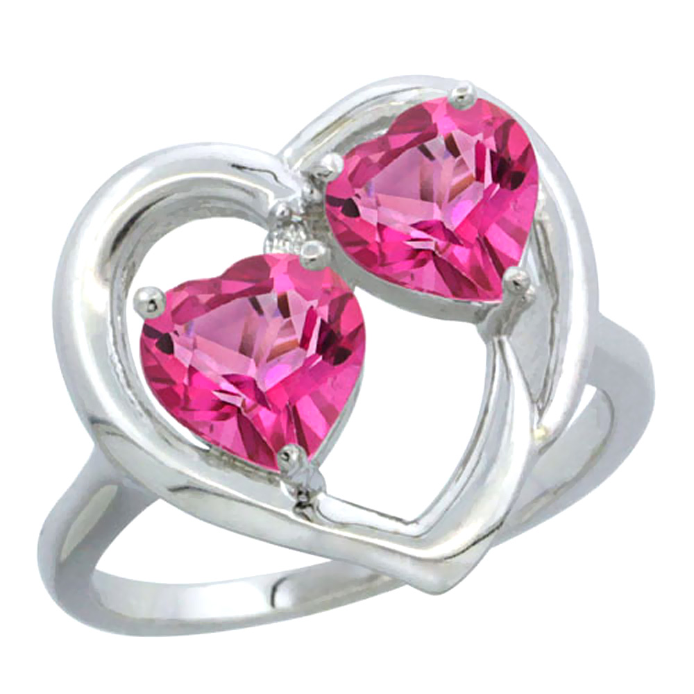 14K White Gold Diamond Two-stone Heart Ring 6 mm Natural Pink Topaz, sizes 5-10