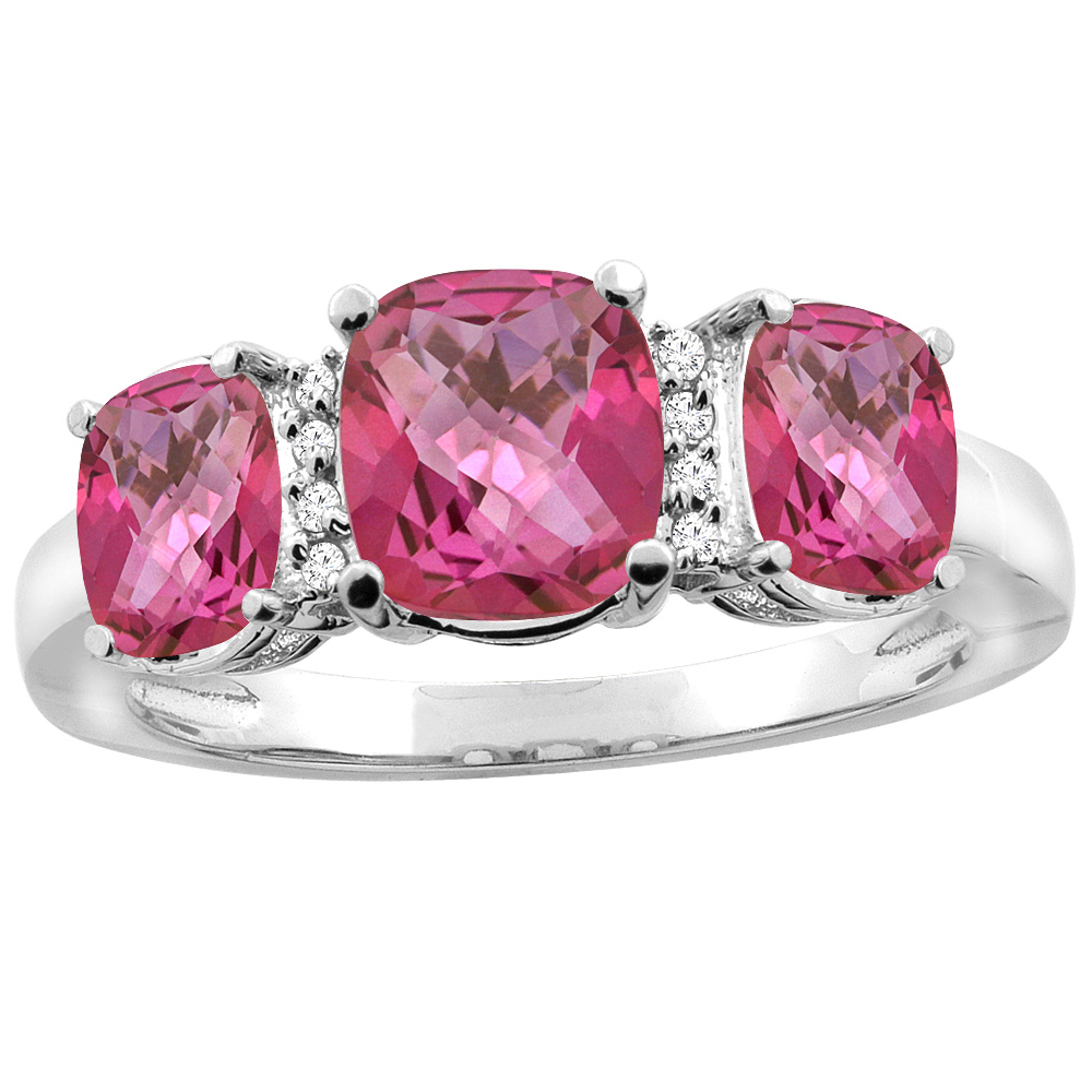 14K White Gold Natural Pink Topaz 3-stone Ring Cushion 8x6mm Diamond Accent, sizes 5 - 10