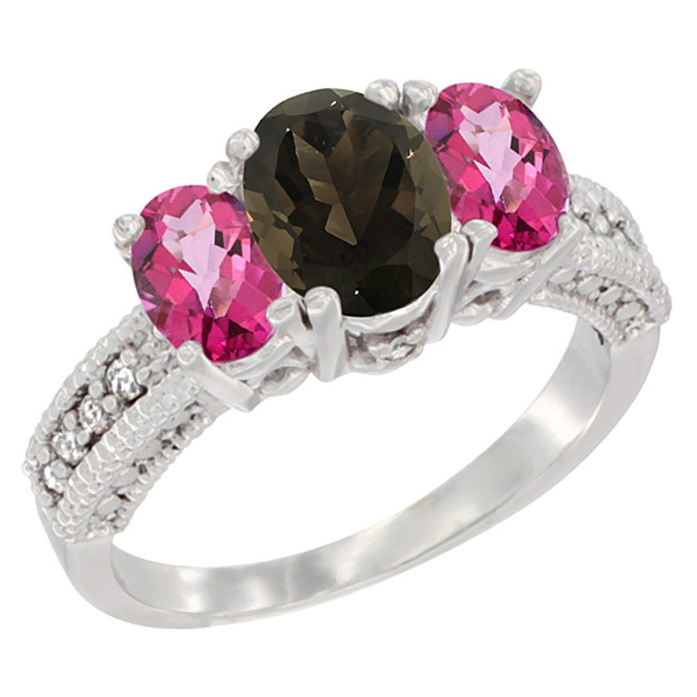 10K White Gold Diamond Natural Smoky Topaz Ring Oval 3-stone with Pink Topaz, sizes 5 - 10