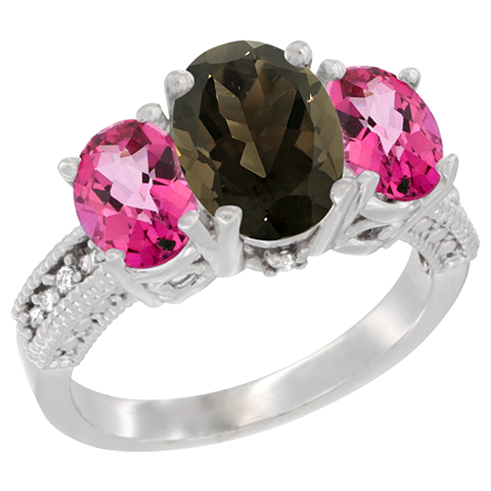 10K White Gold Diamond Natural Smoky Topaz Ring 3-Stone Oval 8x6mm with Pink Topaz, sizes5-10