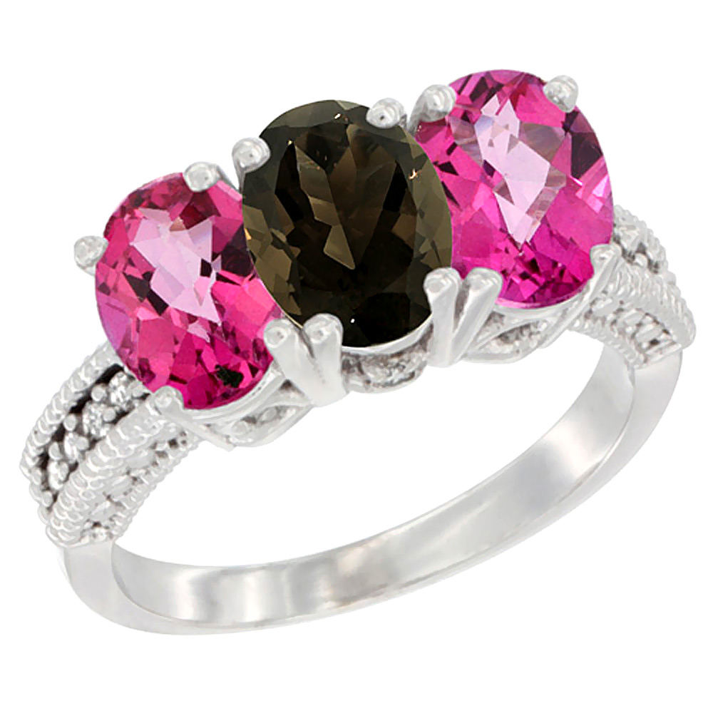 14K White Gold Natural Smoky Topaz & Pink Topaz Sides Ring 3-Stone 7x5 mm Oval Diamond Accent, sizes 5 - 10