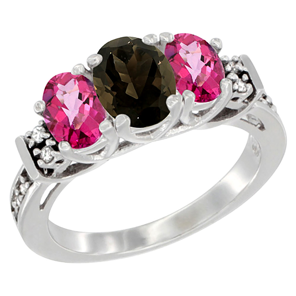 14K White Gold Natural Smoky Topaz & Pink Topaz Ring 3-Stone Oval Diamond Accent, sizes 5-10