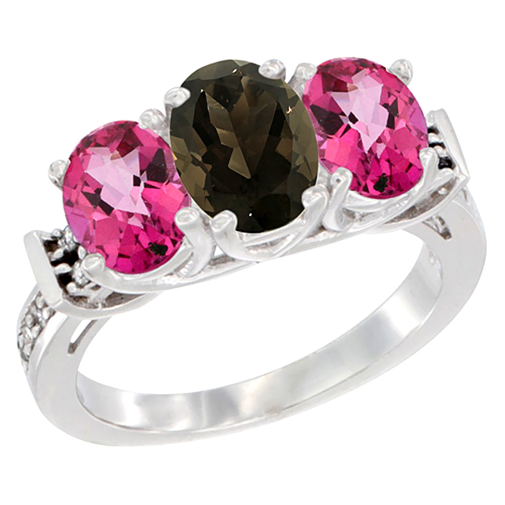 10K White Gold Natural Smoky Topaz &amp; Pink Topaz Sides Ring 3-Stone Oval Diamond Accent, sizes 5 - 10