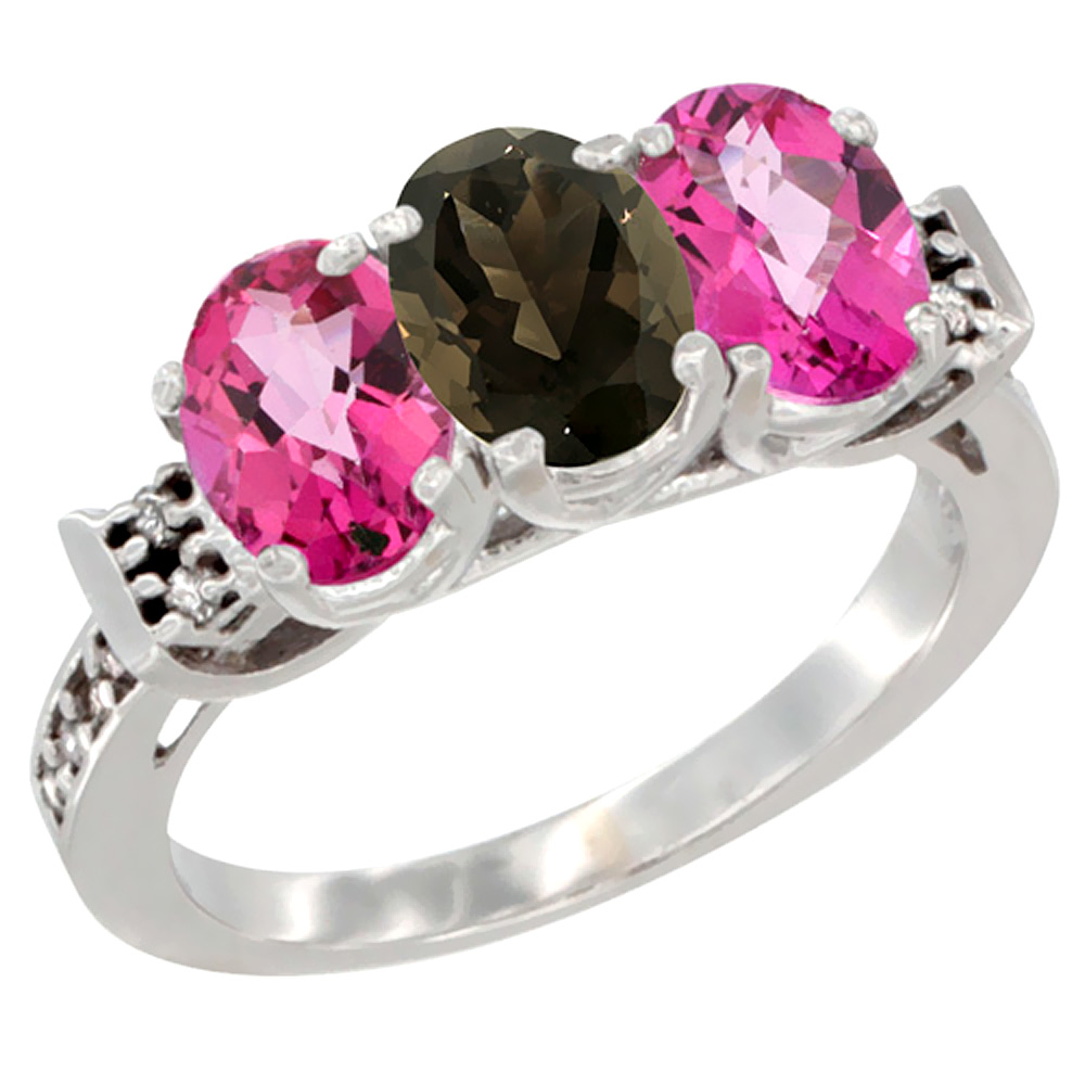 14K White Gold Natural Smoky Topaz & Pink Topaz Sides Ring 3-Stone 7x5 mm Oval Diamond Accent, sizes 5 - 10