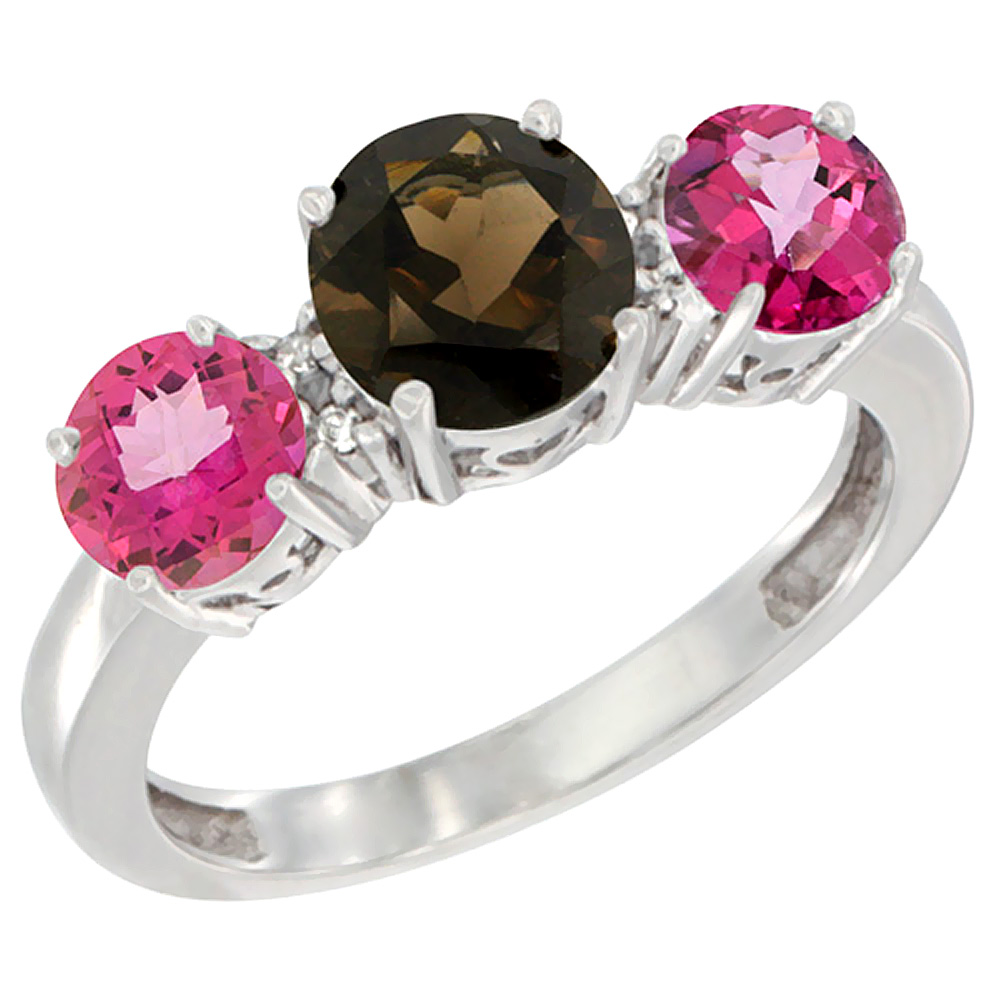 10K White Gold Round 3-Stone Natural Smoky Topaz Ring & Pink Topaz Sides Diamond Accent, sizes 5 - 10