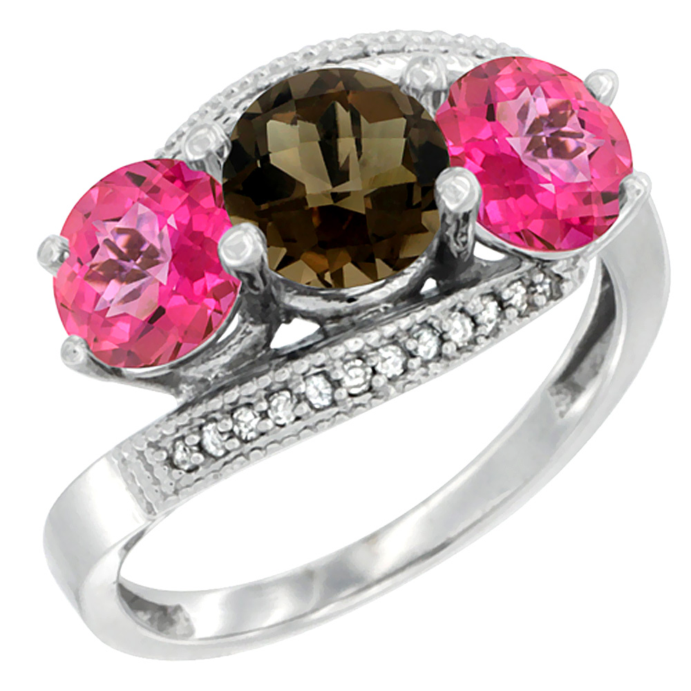 10K White Gold Natural Smoky Topaz &amp; Pink Topaz Sides 3 stone Ring Round 6mm Diamond Accent, sizes 5 - 10