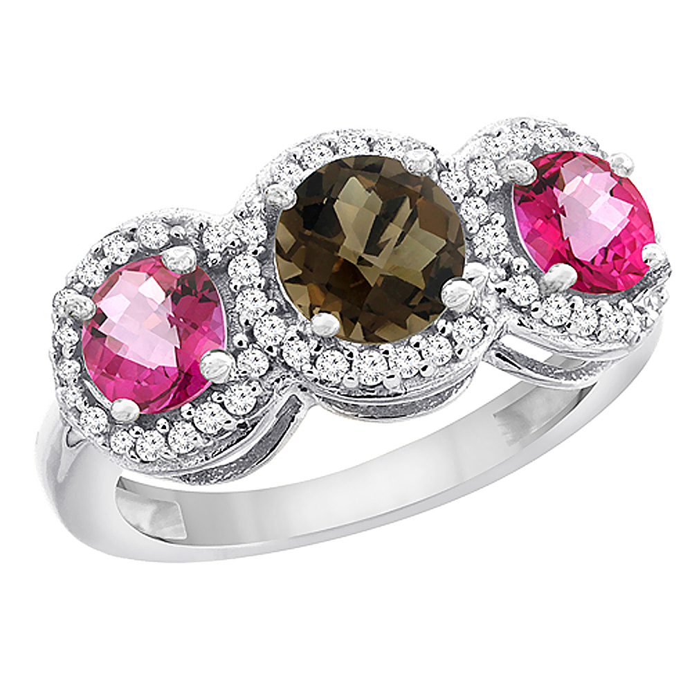 14K White Gold Natural Smoky Topaz &amp; Pink Topaz Sides Round 3-stone Ring Diamond Accents, sizes 5 - 10