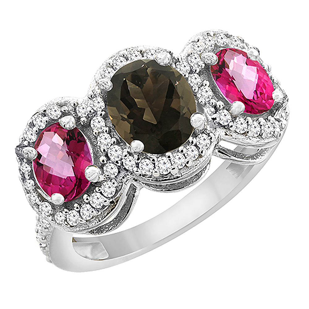 14K White Gold Natural Smoky Topaz & Pink Topaz 3-Stone Ring Oval Diamond Accent, sizes 5 - 10