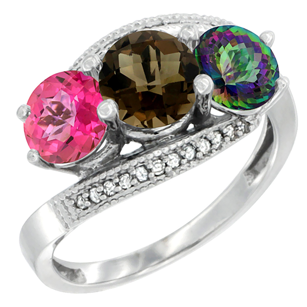 14K White Gold Natural Pink Topaz, Smoky & Mystic Topaz 3 stone Ring Round 6mm Diamond Accent, sizes 5 - 10