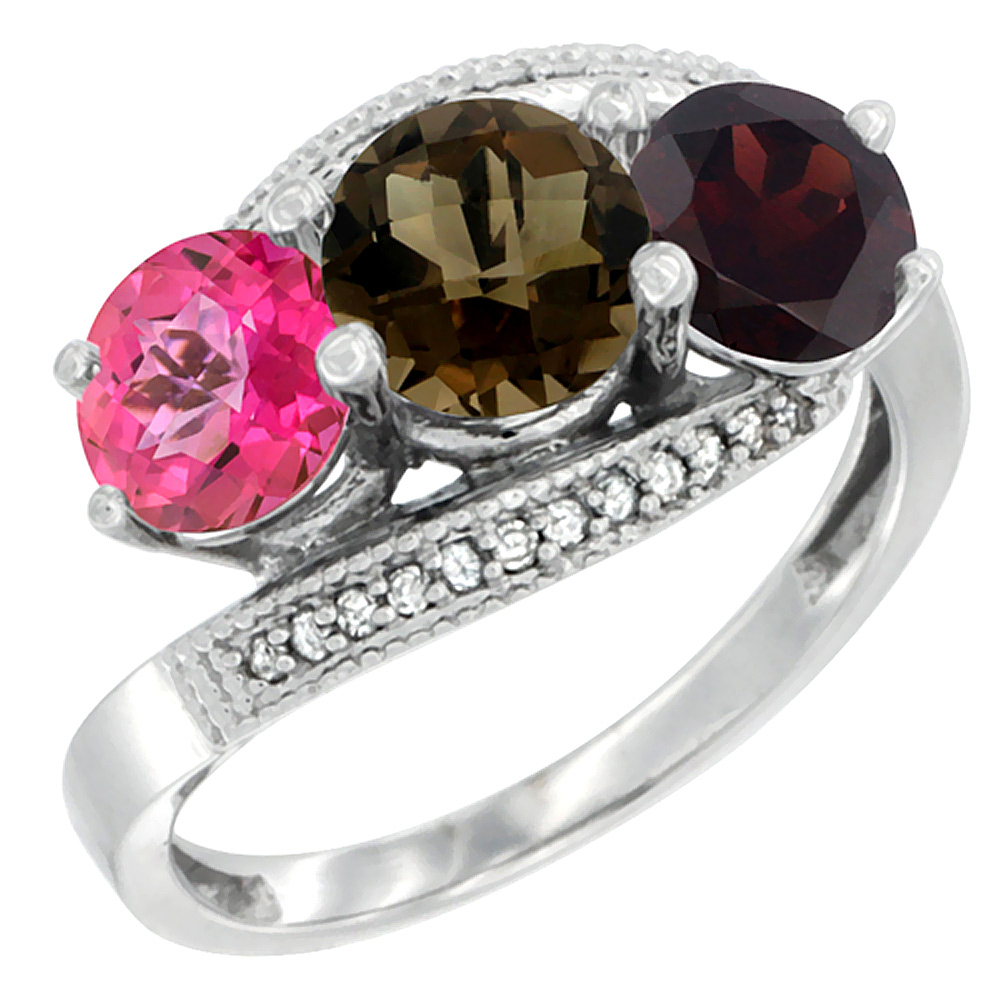 10K White Gold Natural Pink Topaz, Smoky Topaz &amp; Garnet 3 stone Ring Round 6mm Diamond Accent, sizes 5 - 10