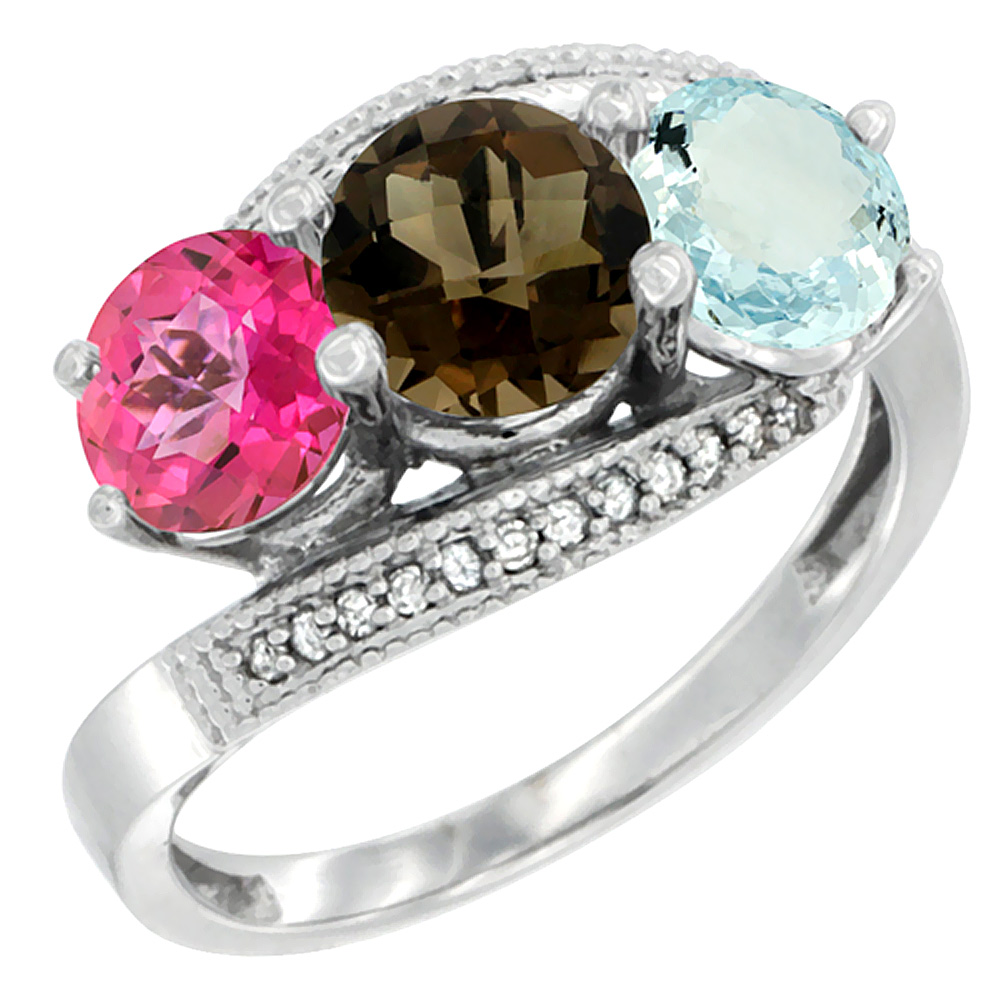 14K White Gold Natural Pink Topaz, Smoky Topaz &amp; Aquamarine 3 stone Ring Round 6mm Diamond Accent, sizes 5 - 10