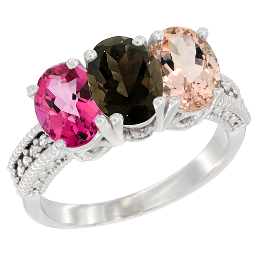 10K White Gold Natural Pink Topaz, Smoky Topaz & Morganite Ring 3-Stone Oval 7x5 mm Diamond Accent, sizes 5 - 10