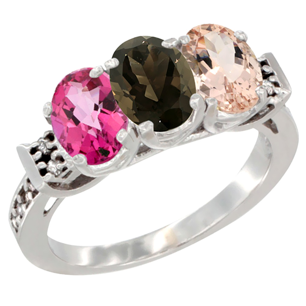 10K White Gold Natural Pink Topaz, Smoky Topaz & Morganite Ring 3-Stone Oval 7x5 mm Diamond Accent, sizes 5 - 10