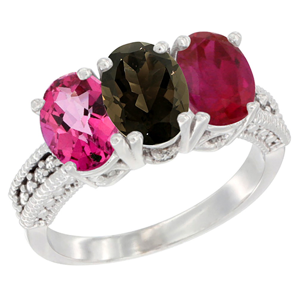 14K White Gold Natural Pink Topaz, Smoky Topaz & Enhanced Ruby Ring 3-Stone 7x5 mm Oval Diamond Accent, sizes 5 - 10