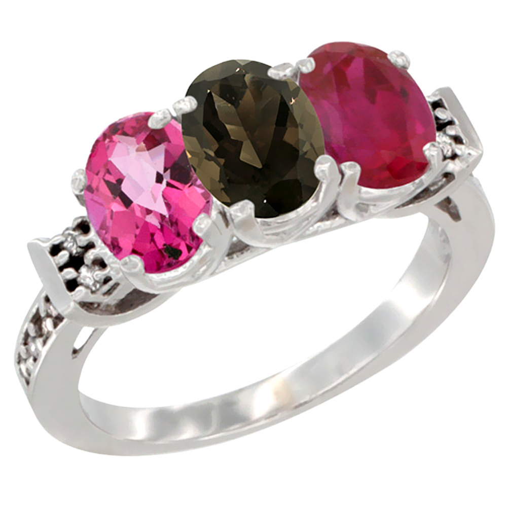 10K White Gold Natural Pink Topaz, Smoky Topaz & Enhanced Ruby Ring 3-Stone Oval 7x5 mm Diamond Accent, sizes 5 - 10