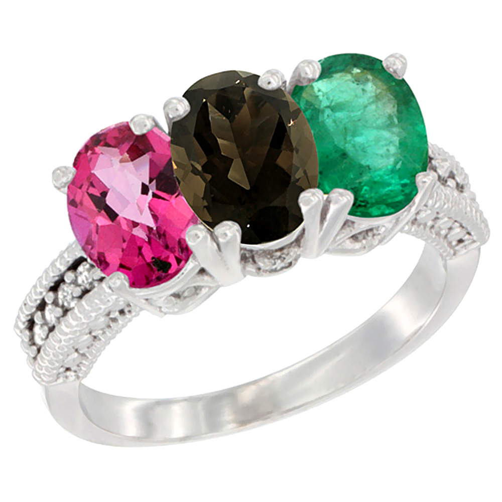 10K White Gold Natural Pink Topaz, Smoky Topaz & Emerald Ring 3-Stone Oval 7x5 mm Diamond Accent, sizes 5 - 10